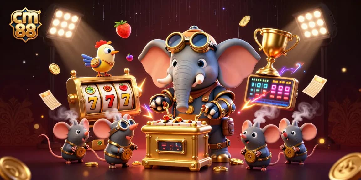 Khám phá cm 88 với con voi steampunk quản lý máy slot trong khung cảnh sôi động.