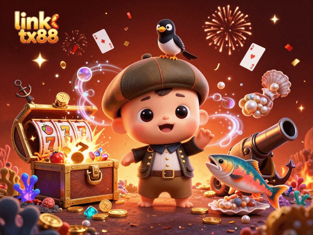 Experience excitement with link tx88 as a playful Nessie and friends celebrate amidst gold and slot reels.