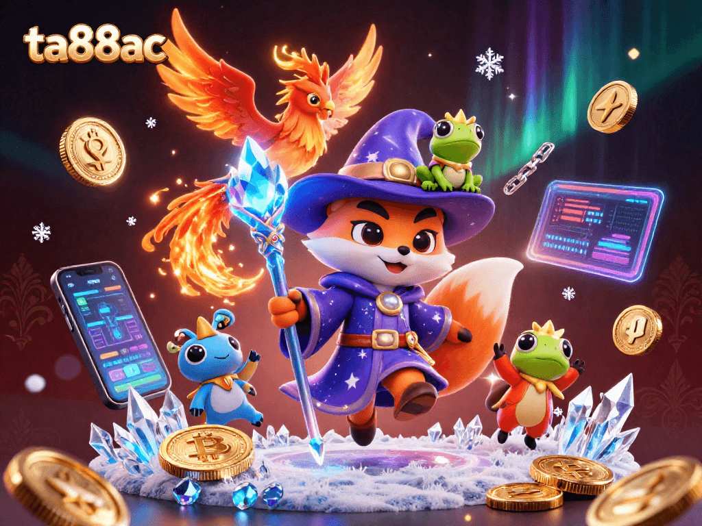Experience ta88ac's magical casino realms with vibrant gaming visuals and crypto trading elements.