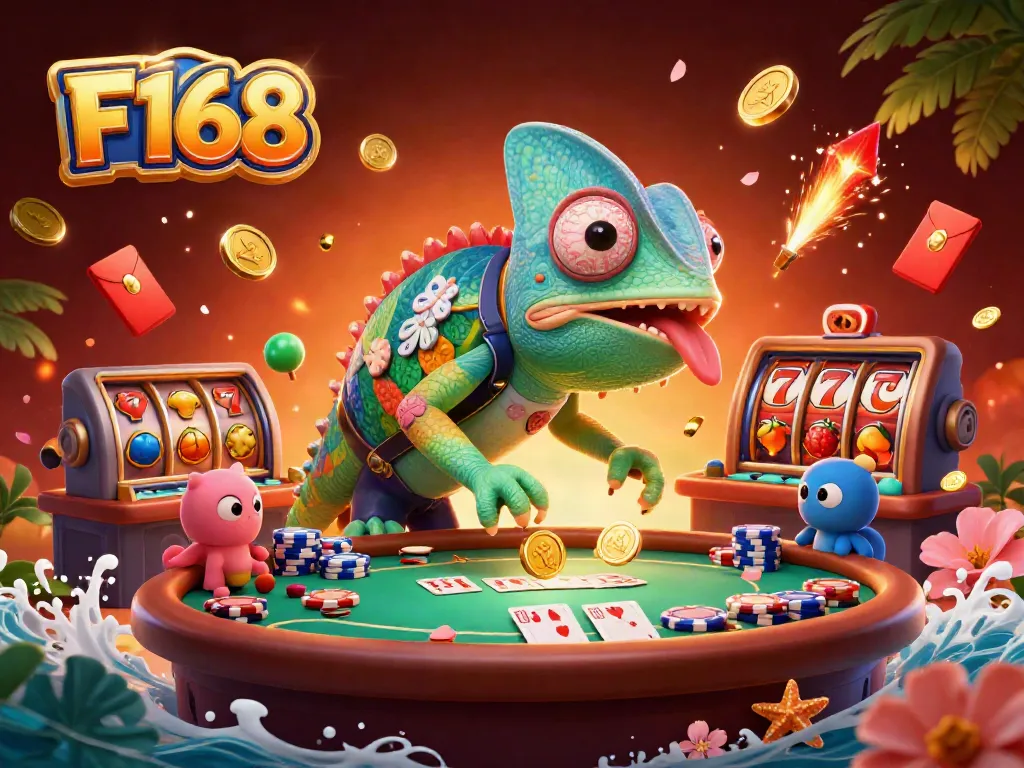 Experience F168's colorful casino, filled with lively slot reels, poker elements, and dynamic characters.