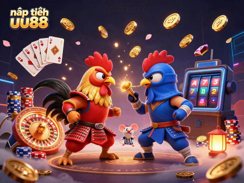 Experience the excitement of nạp tiền uu88 with dynamic roosters, golden coins, and casino elements.