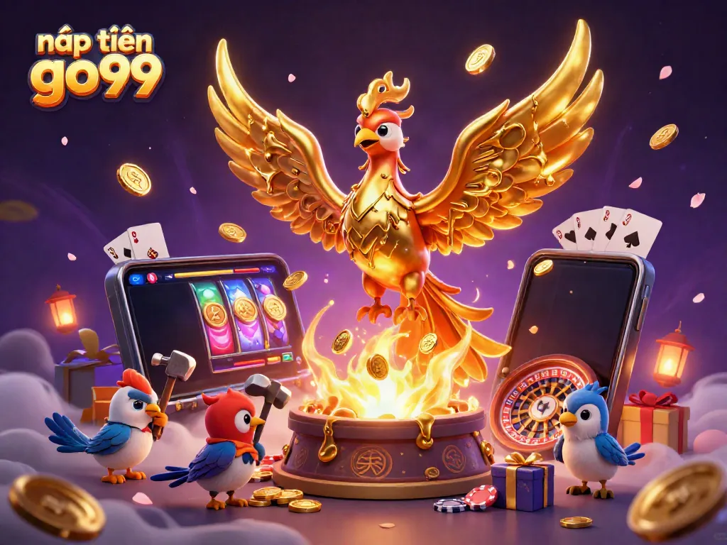Participate in nạp tiền go99 to experience thrilling online casino entertainment, featuring vibrant game elements and a melted gold phoenix.