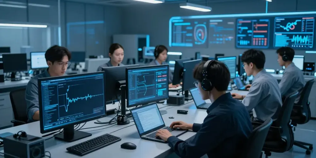 Adversarial testing in cybersecurity lab with advanced analytics and professionals collaborating.