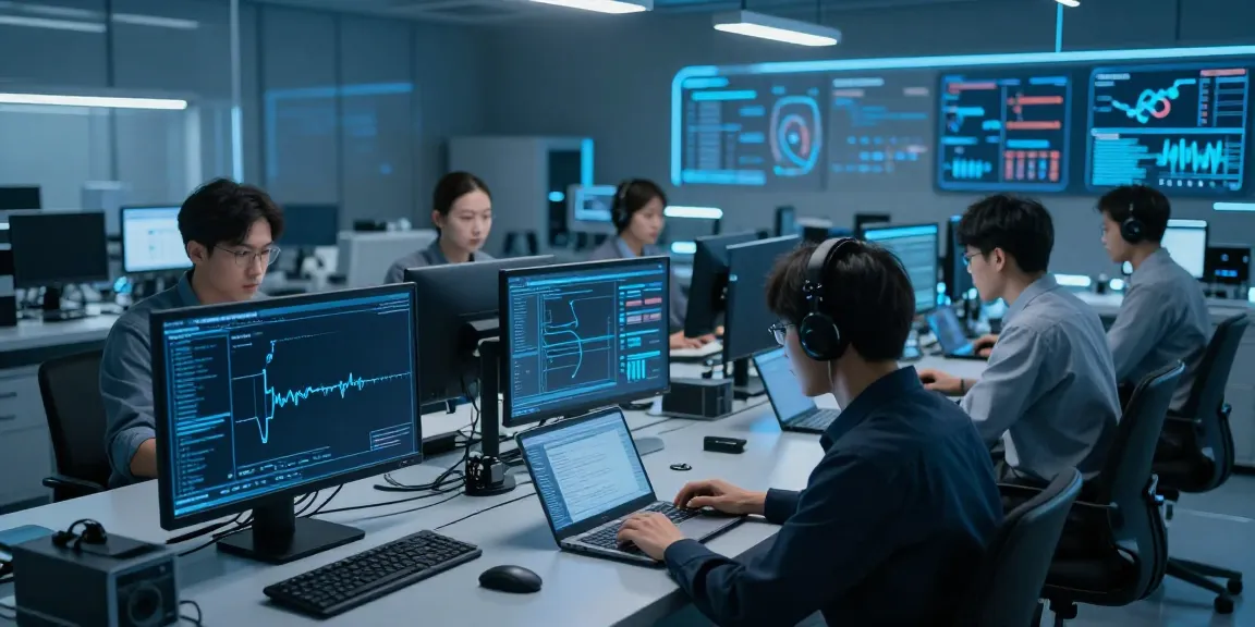 Adversarial testing in cybersecurity lab with advanced analytics and professionals collaborating.