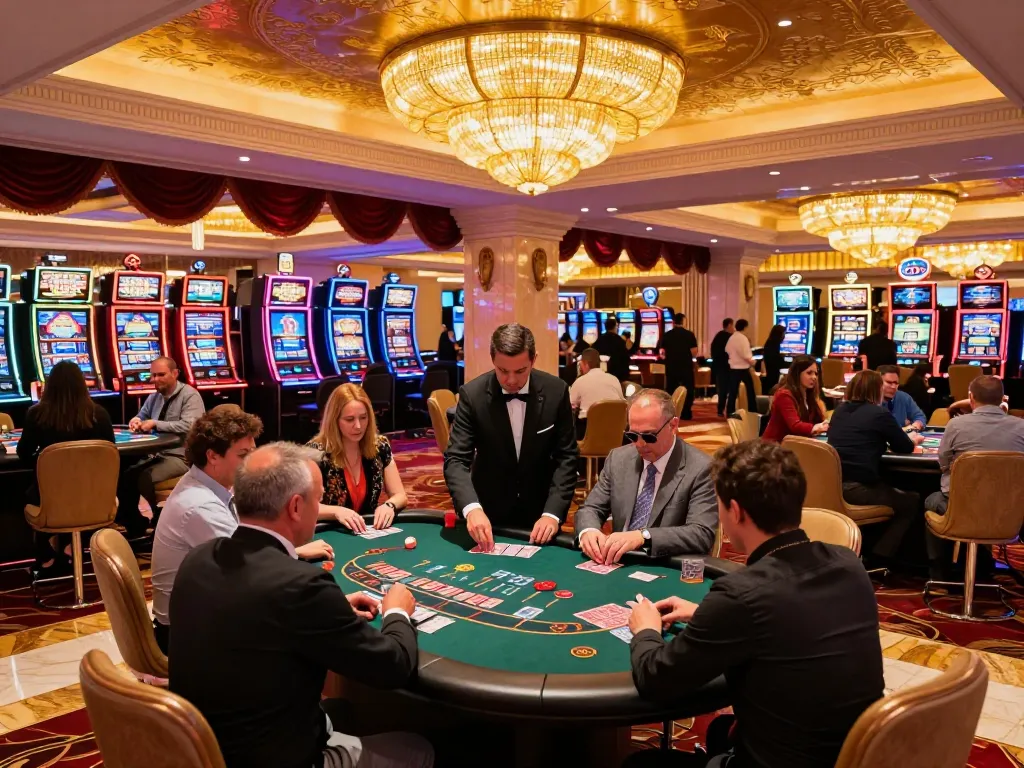 Engaged players strategizing bets at blackjack table amidst the vibrant atmosphere of gk88 casino floor
