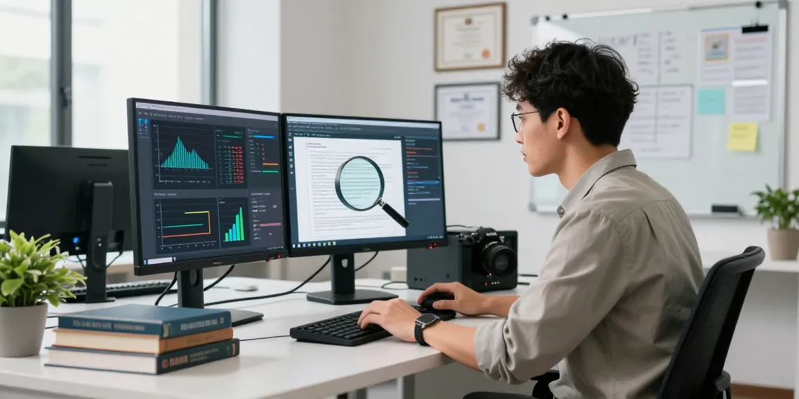 Document fraud detection workspace with cybersecurity analyst analyzing suspicious documents and data graphs.