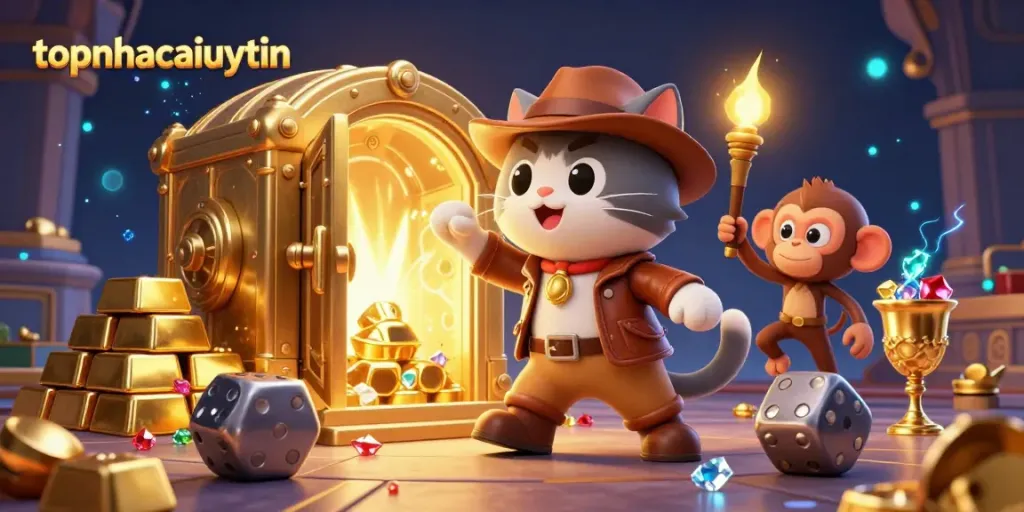 Explore the enticing world of topnhacaiuytin where an adventurous cat discovers golden treasures in a mystical casino.