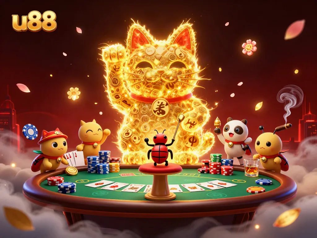 Engage in thrilling action at u88, featuring a giant lucky cat and vibrant casino symbols.