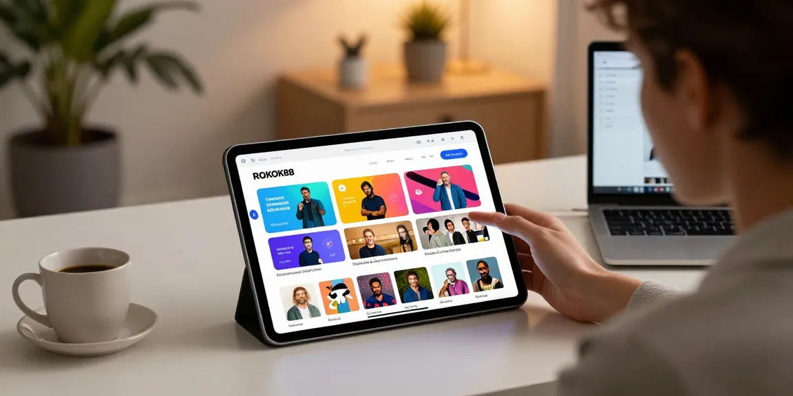 ROKOK88 login on a tablet, showcasing vibrant episode thumbnails in a modern workspace.