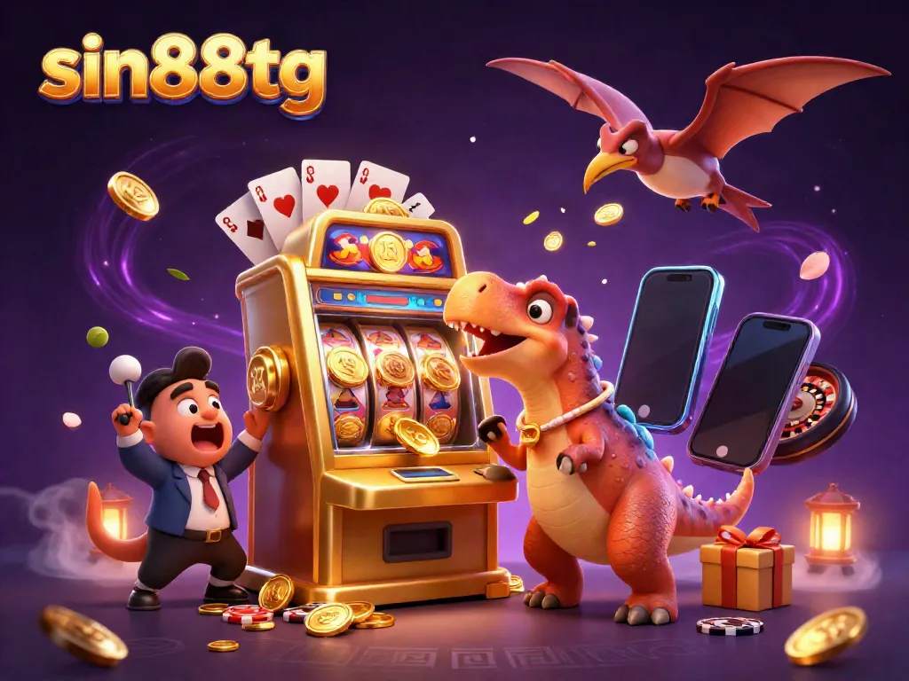 Experience thrilling jackpots with sin88tg as a pachycephalosaurus hits a golden slot machine amidst flying coins.