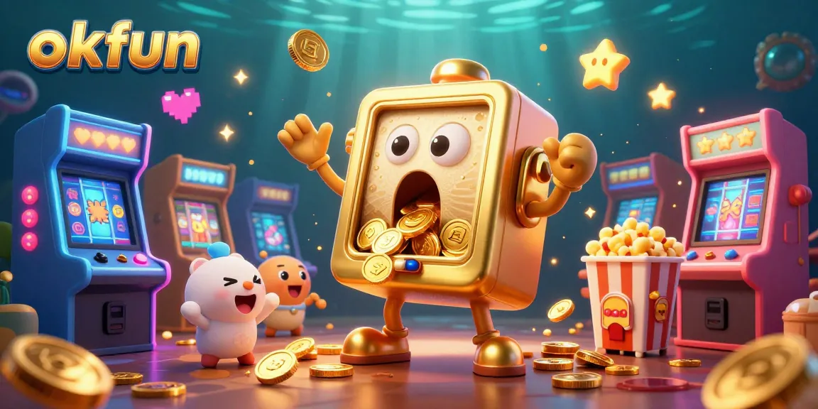 Experience the thrill at okfun with animated slot machines celebrating a jackpot in a vibrant casino scene.