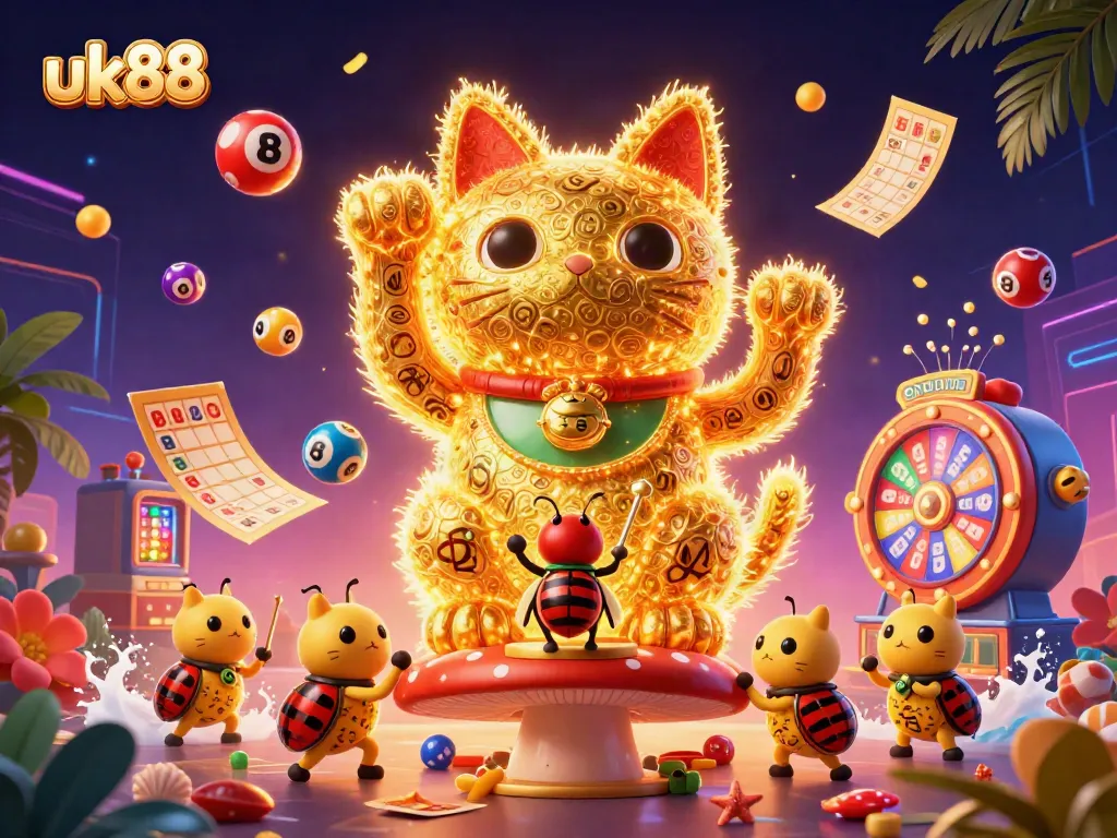 Engaging uk88 illustration with a golden lucky cat and dynamic casino elements capturing vibrant betting action.