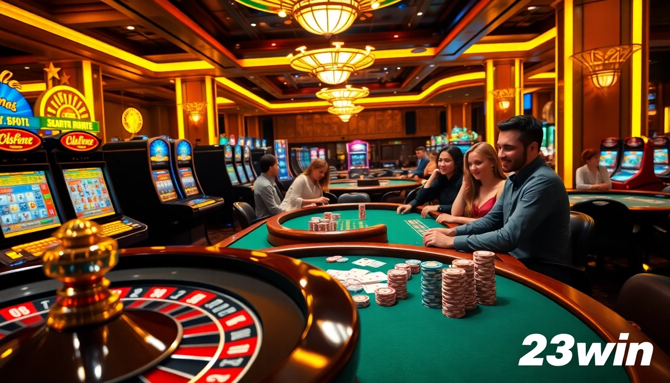 Exciting scene depicting the 23win online casino experience with vibrant tables and enthusiastic players.