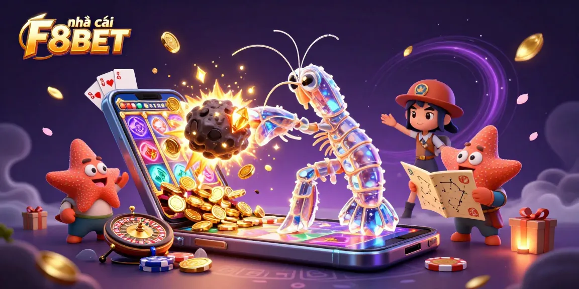 Engage with the dynamic world of nhà cái F8BET in this vibrant 3D illustration showcasing thrilling casino elements.