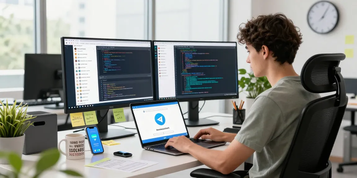 Professional using Telegram Web Version on a laptop in a bright office, showcasing modern workspace.