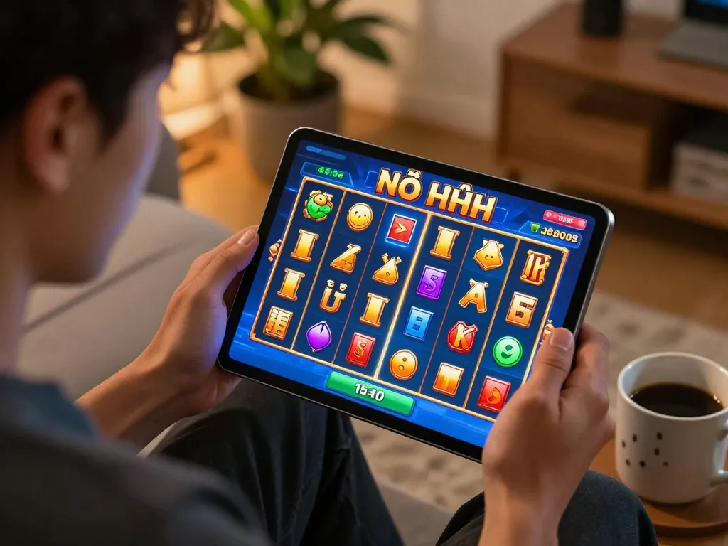 Nổ hũ gameplay revealed on tablet screen with player focused on winning symbols in cozy living space.