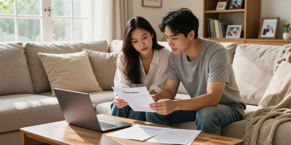 Couple reviewing timeshare contract to cancel timeshare in cozy living room.