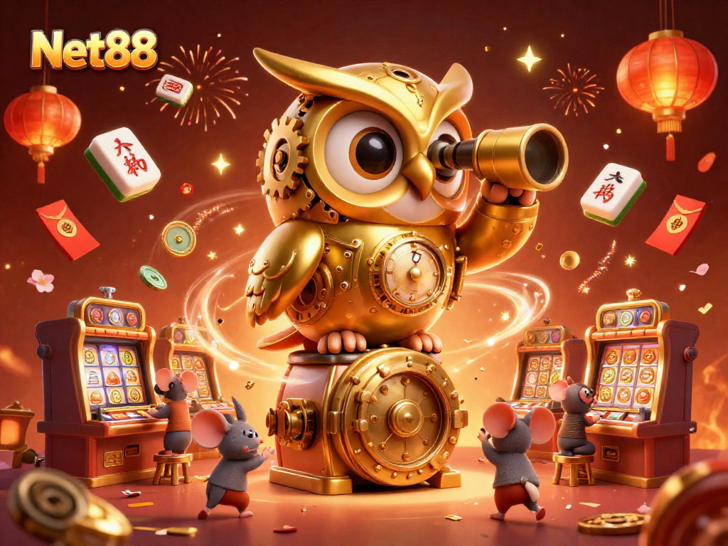 Experience the thrill of Net88 with a golden owl and dynamic casino scene.