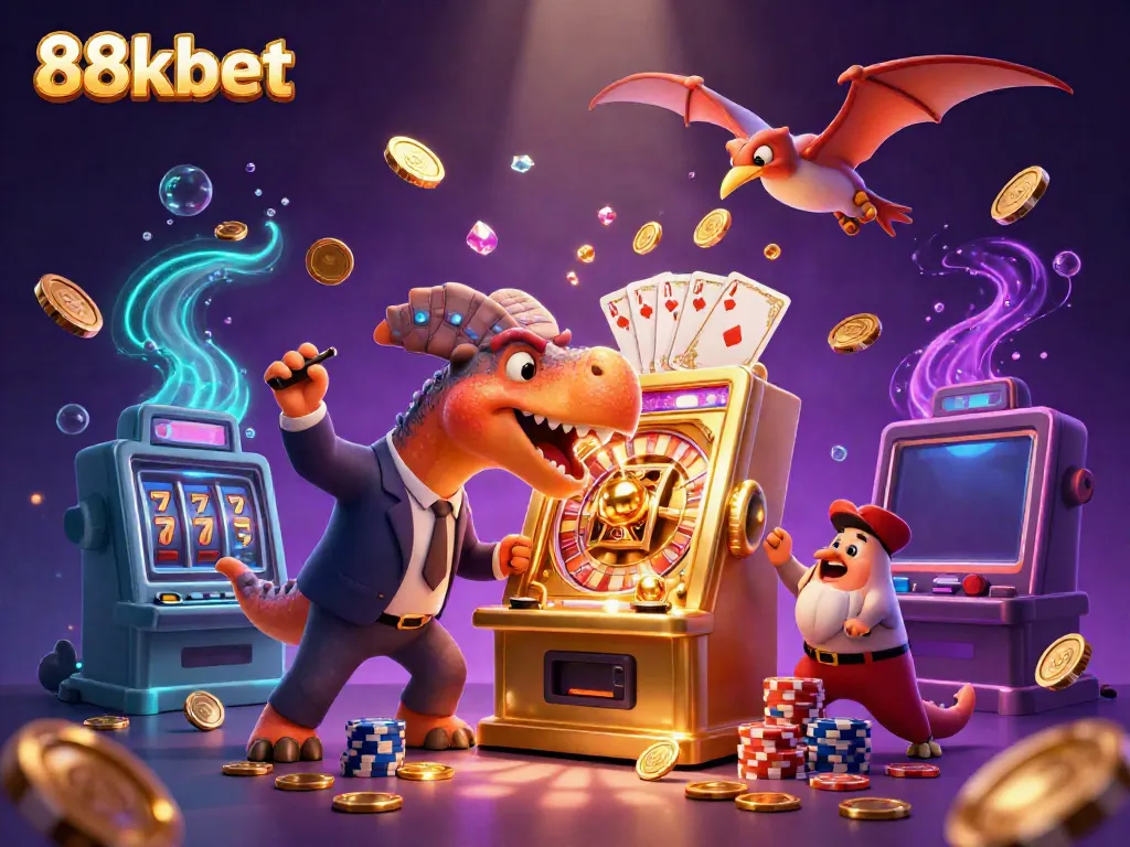 Experience the excitement of 88kbet with a pachycephalosaurus winning jackpot coins from a golden slot machine.