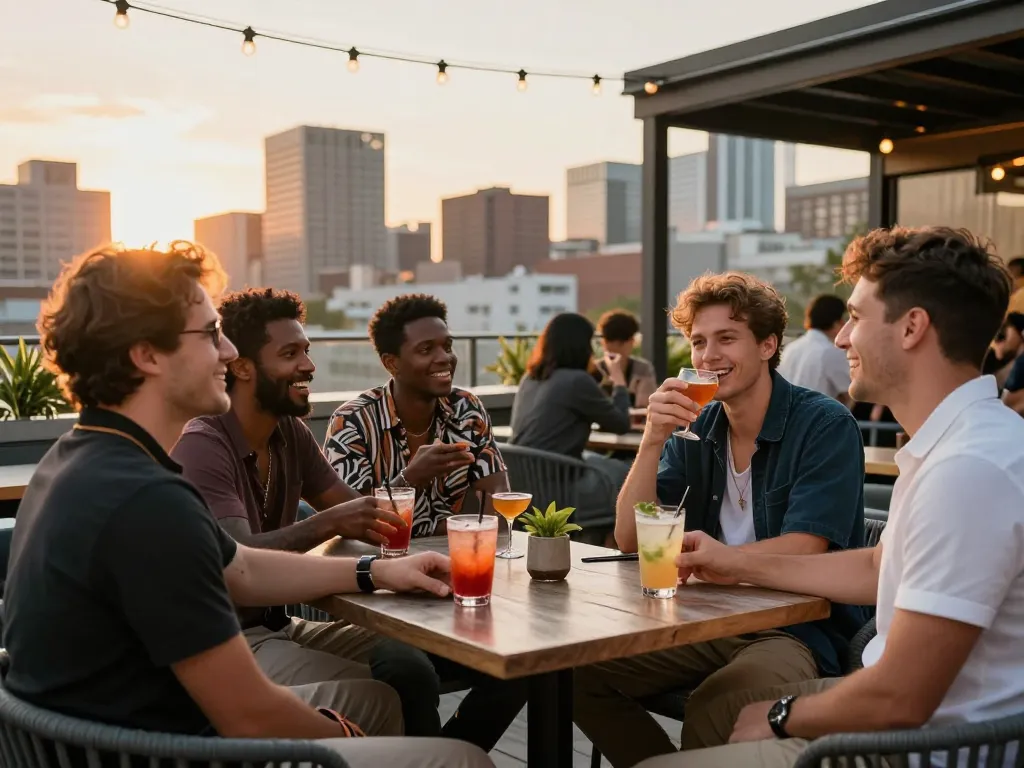 Men gathering at a rooftop bar, enjoying drinks and conversation at a man club setting.