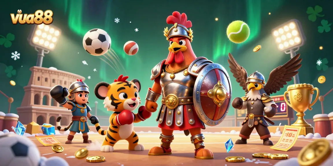 Join the thrilling action at vua88 with this vibrant 3D illustration showcasing a fierce gladiator rooster bet on sports!