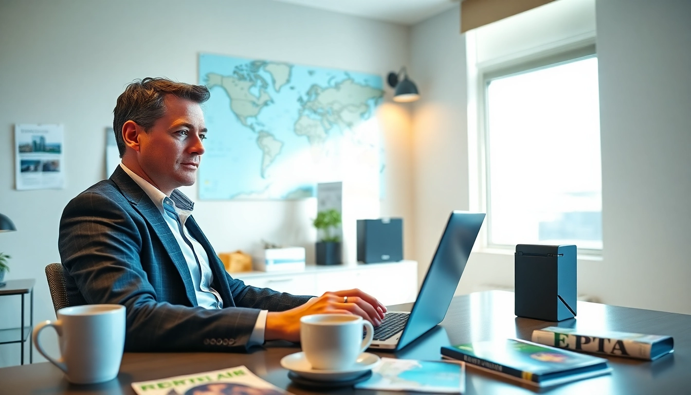 Travel expert assisting with the eta application uk in a modern office setting.