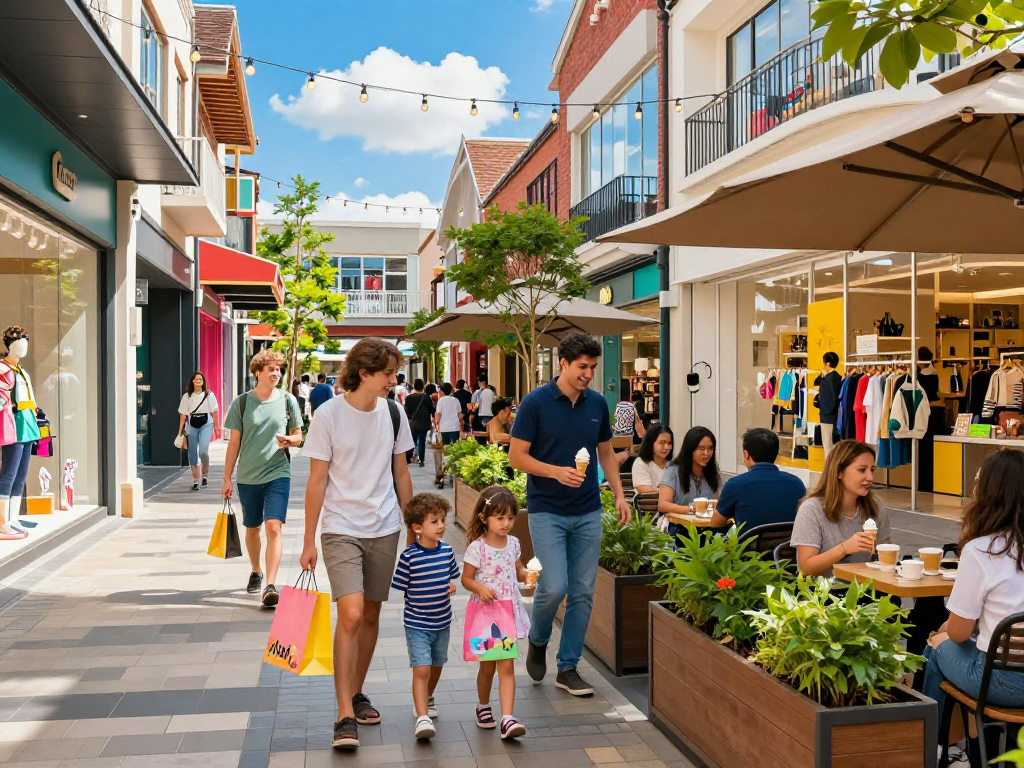 Experience the vibrant shopping atmosphere at https://www.goldhillplaza.com with families enjoying sunny retail therapy.