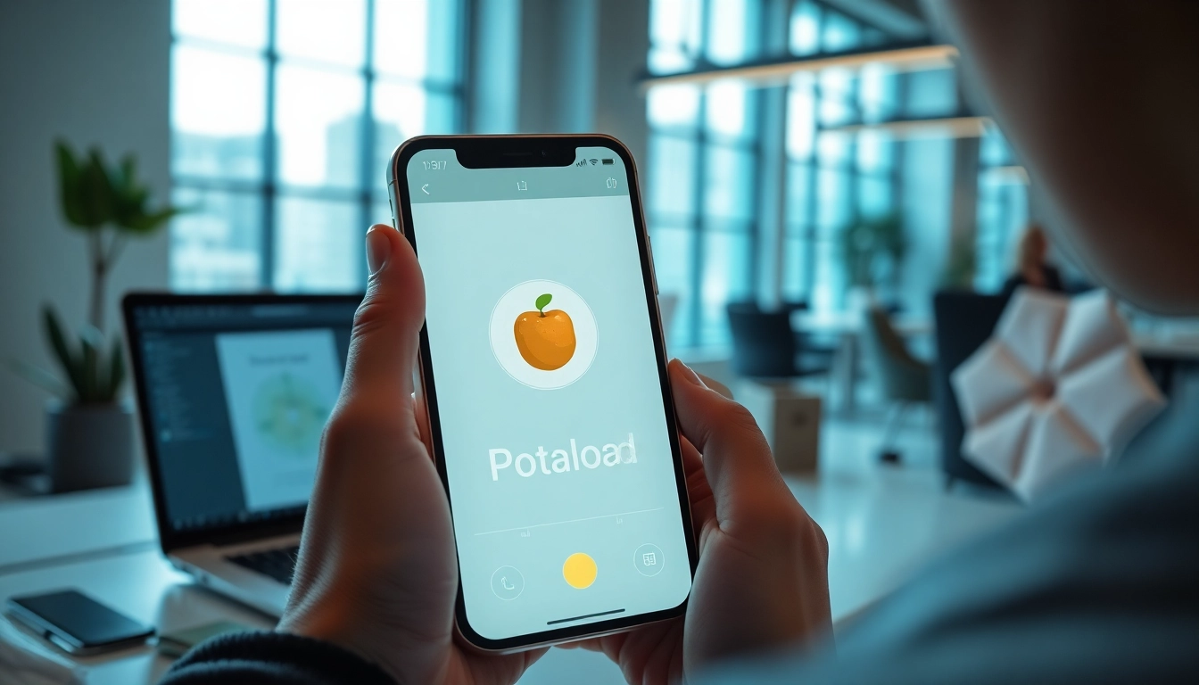 Engaging scene illustrating Potato下载 on a smartphone in a modern workspace, emphasizing secure communication.