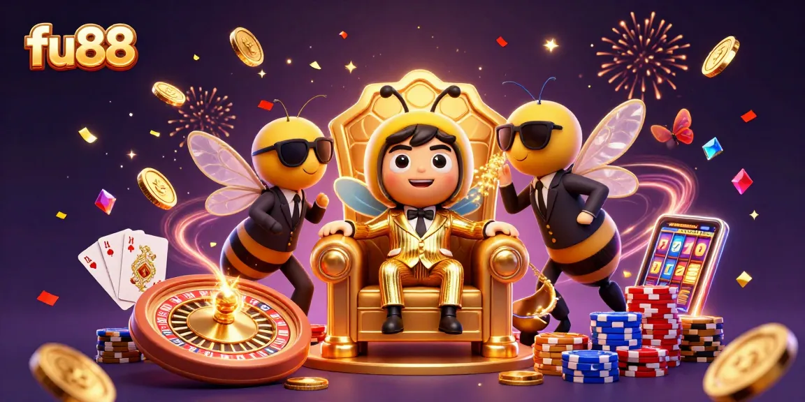 Experience the excitement at fu88 with a vibrant casino scene featuring games, cash, and characters.
