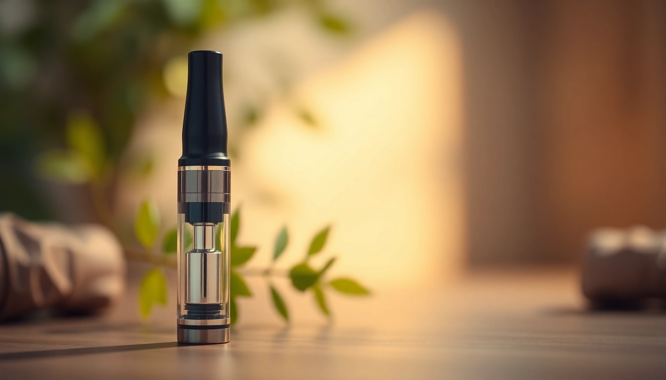 Buy DMT online with a close-up view of a DMT vape cartridge on a natural backdrop.