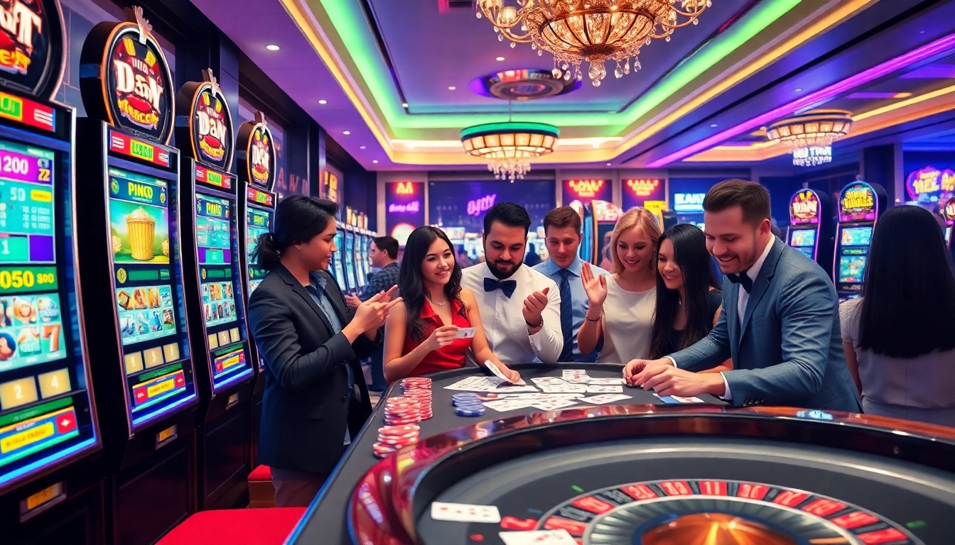 Excited players engage with IDN slot machines in a luxurious casino setting, showcasing the thrilling gambling experience.