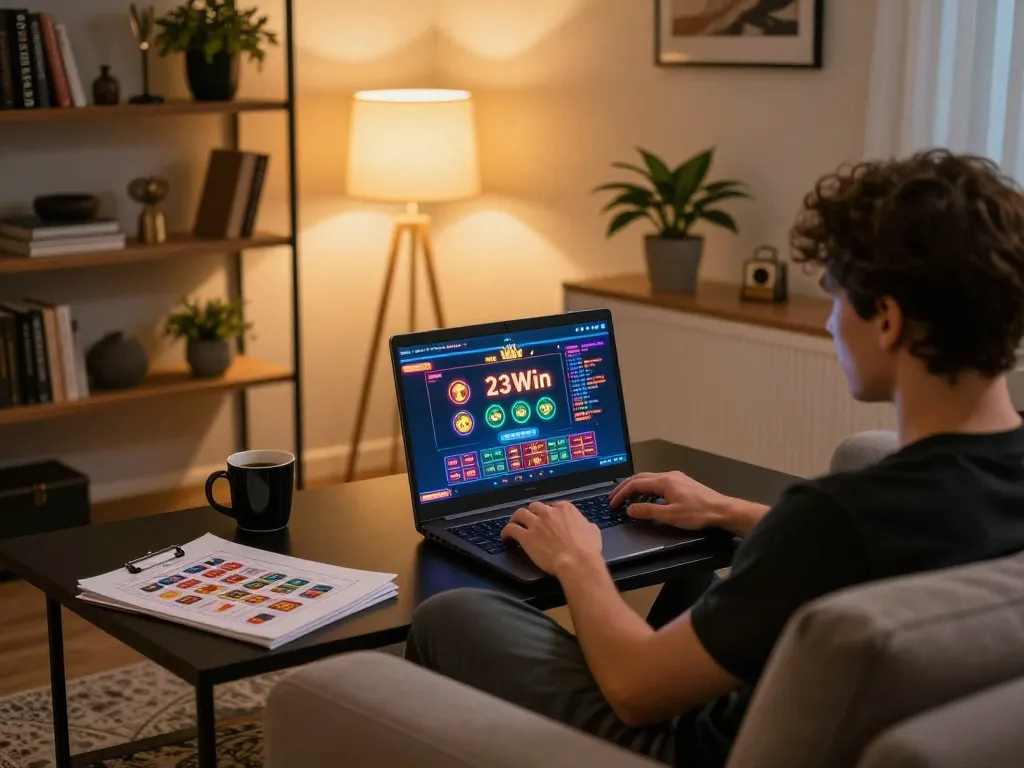Player engaging with 23Win online casino on a laptop in a cozy home setting, showcasing responsible gaming