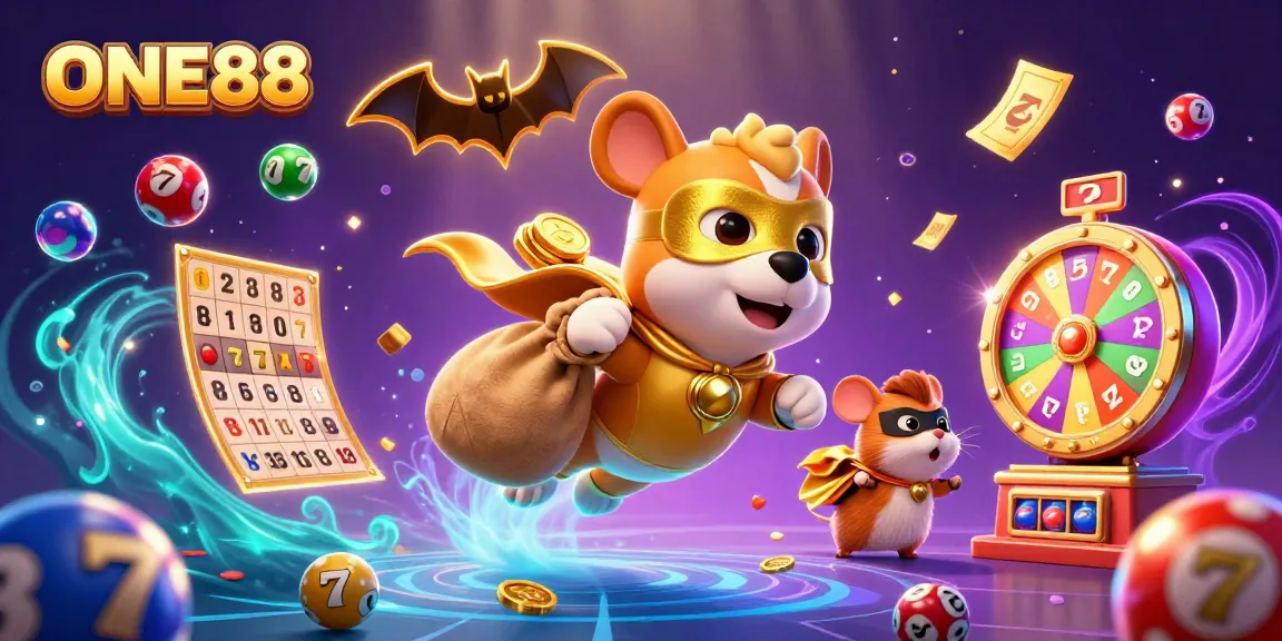 ONE88's thrilling cartoon scene with a superhero dog and sidekick amidst slots and lottery excitement.