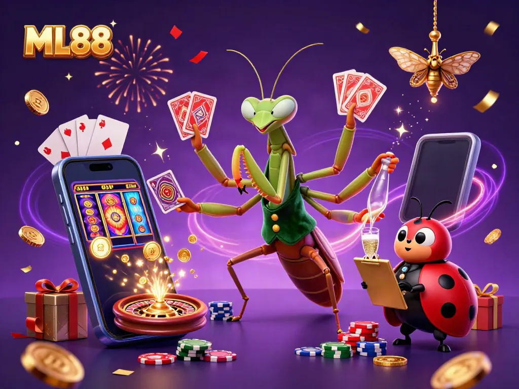 ML88 animated characters dealing cards and pouring champagne in a vibrant casino scene.