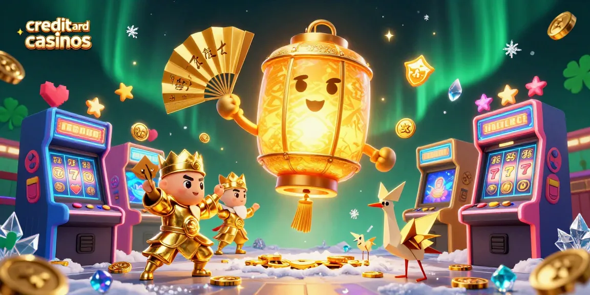 Play at credit card casinos showcasing vibrant 3D arcade games and dynamic characters promoting a fun gambling experience.