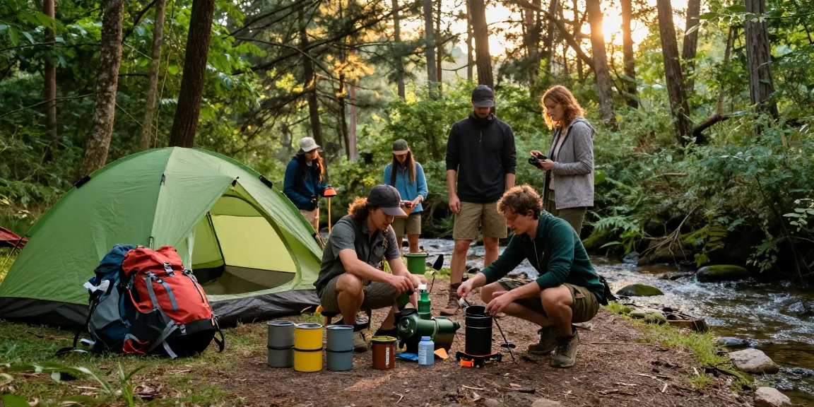 Friends exploring camping gear at a scenic location with rokok88 outdoor essentials.