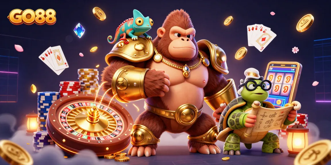 Experience exciting gaming thrills at GO88 with a kingly gorilla overseeing casino wonders.