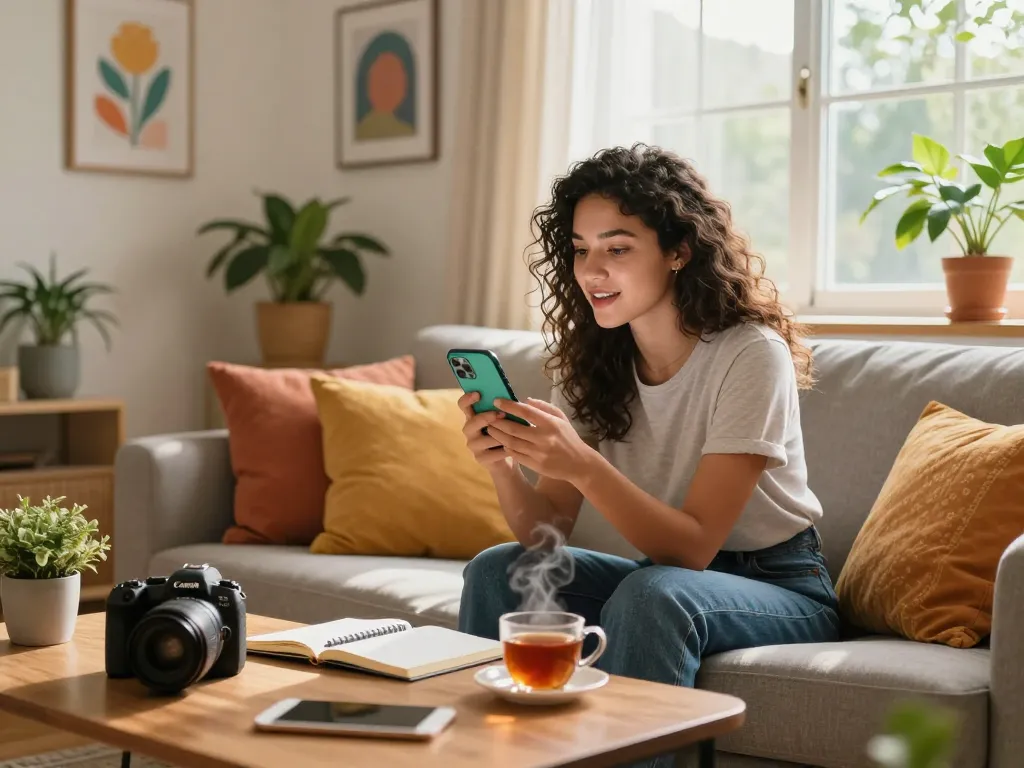 Young woman enjoying a conversation with her girlfriend AI in a cozy living room setting, showcasing emotional connection.