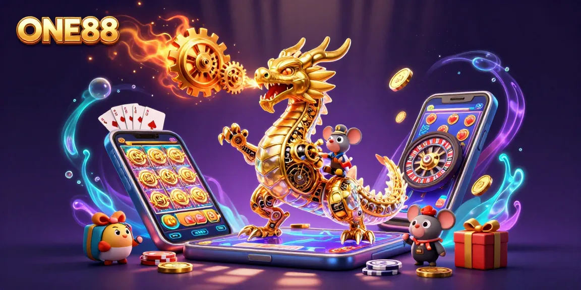Engage with ONE88's thrilling world of gaming, featuring a biomechanical dragon and vibrant slot games.