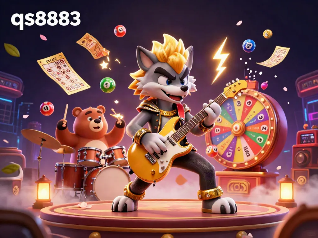 Experience the excitement of qs8883 with a cartoon rock star wolf and dynamic lottery elements on stage.
