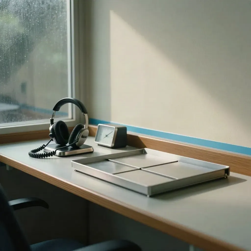 Hazy support station with headset, handset, inbox trays and blue glow in dramatic light