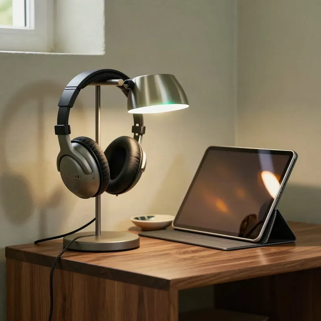Quiet support station with lamp, headset stand and face-down tablet in a cozy office nook.