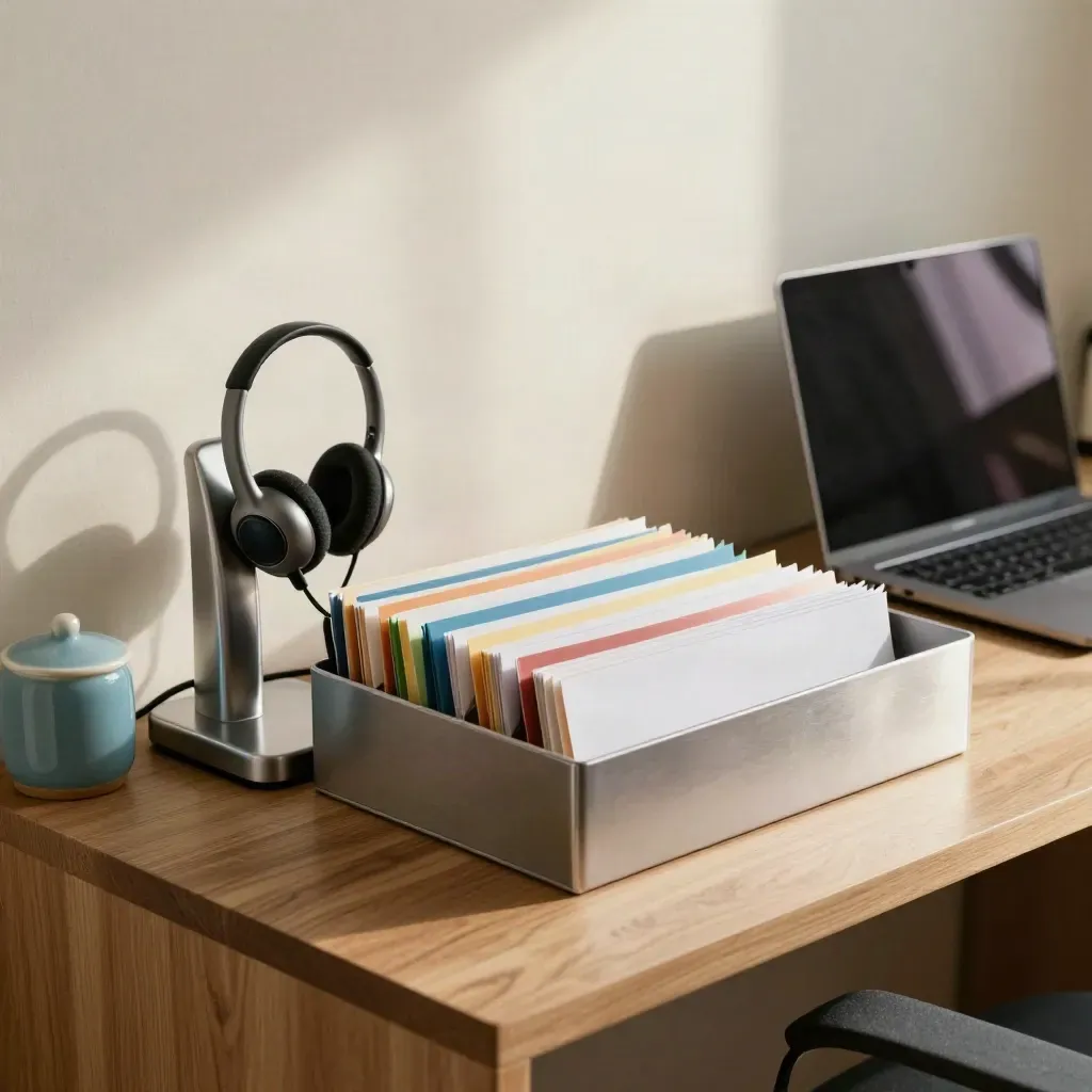 Sunlit customer support workstation with phone cradle, headset dock, inbox trays, and closed laptop.