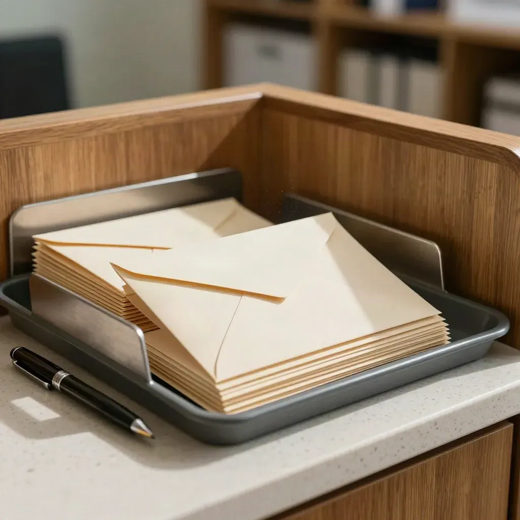Sealed envelopes slide into a slate tray beside a capped pen on travertine.