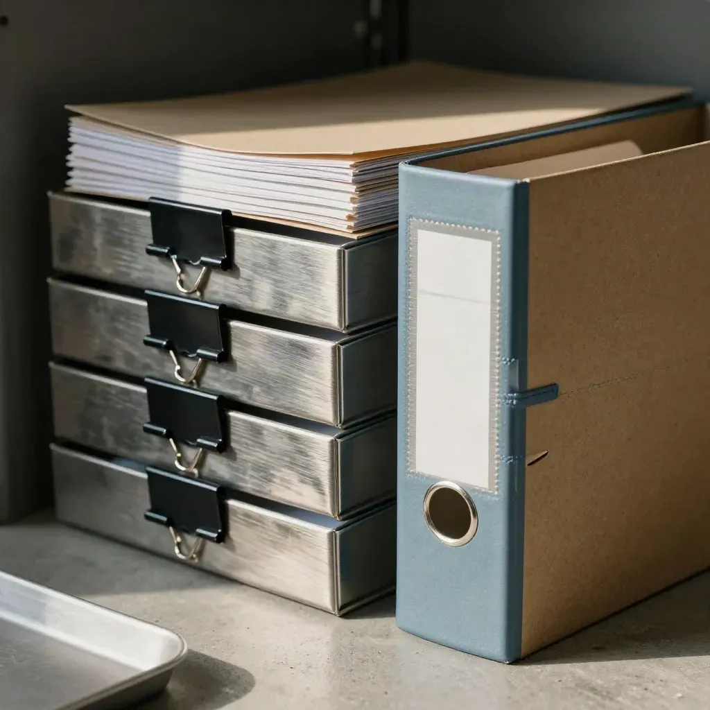 Macro of archive trays, binder clips, and a closed box in a concrete storage room