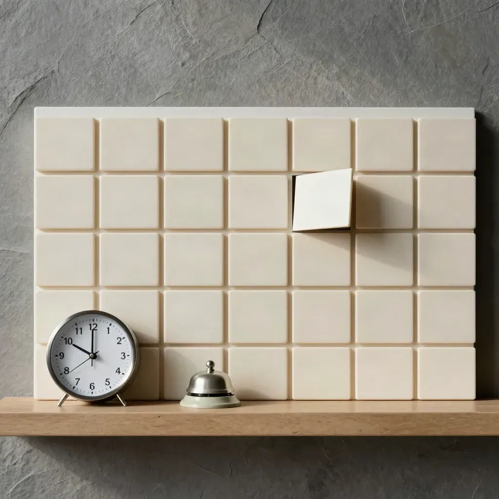 Calendar cubes, desk clock and appointment bell in a moody scheduling scene