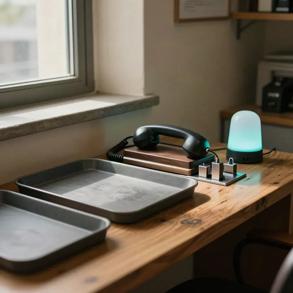 Empty inbox station with sorted trays, handset, and glowing status lamp in a warm office nook.