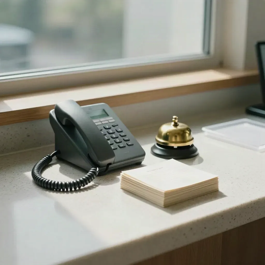 Clinic front desk with phone cradle, bell, and face-down appointment cards on a travertine counter.