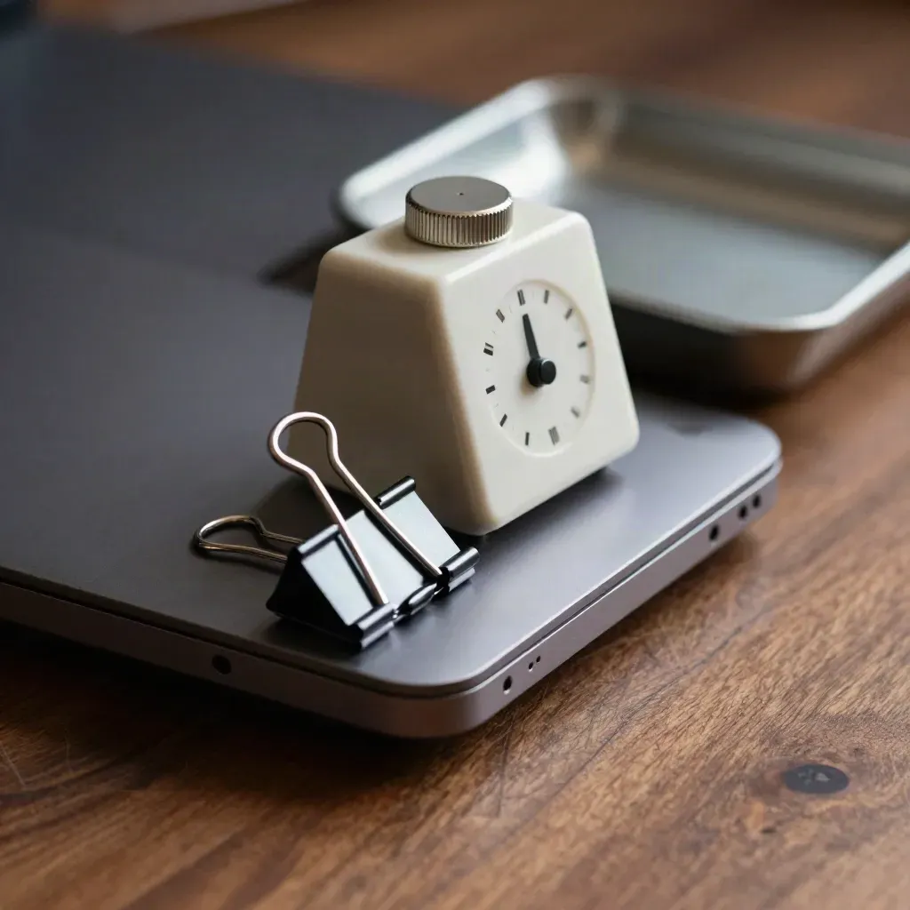 Binder clips, timer, laptop, and mail tray in a dramatic still life on walnut wood.