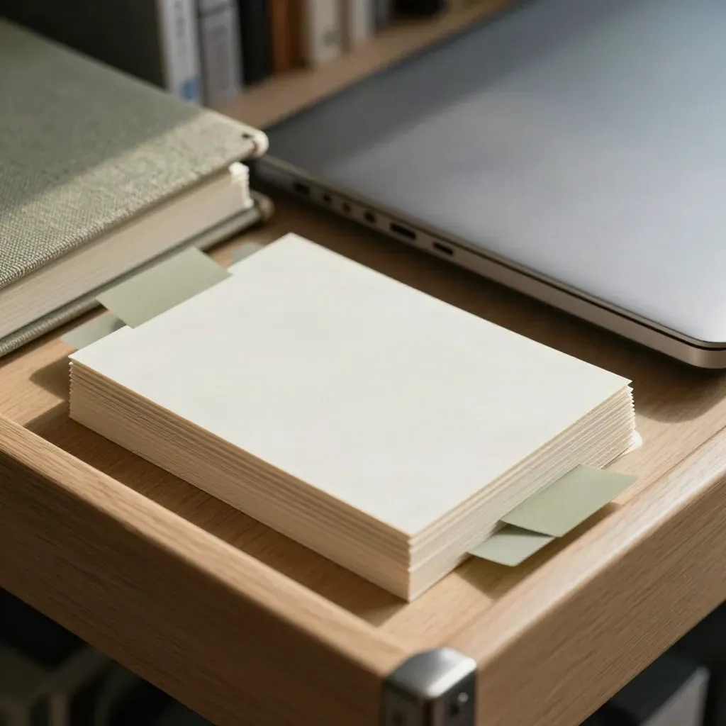 Close macro of reference cards, closed notebook, closed laptop, and sage tabs on oak tray.